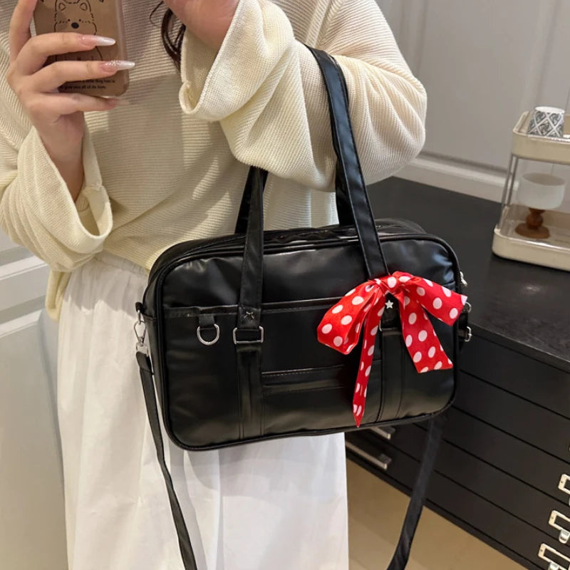 Large Capacity Women's Ribbon Shoulder Bags PU Leather Daily Ladies Crossbody Bag Solid Color College Girls Laptop Tote Handbags