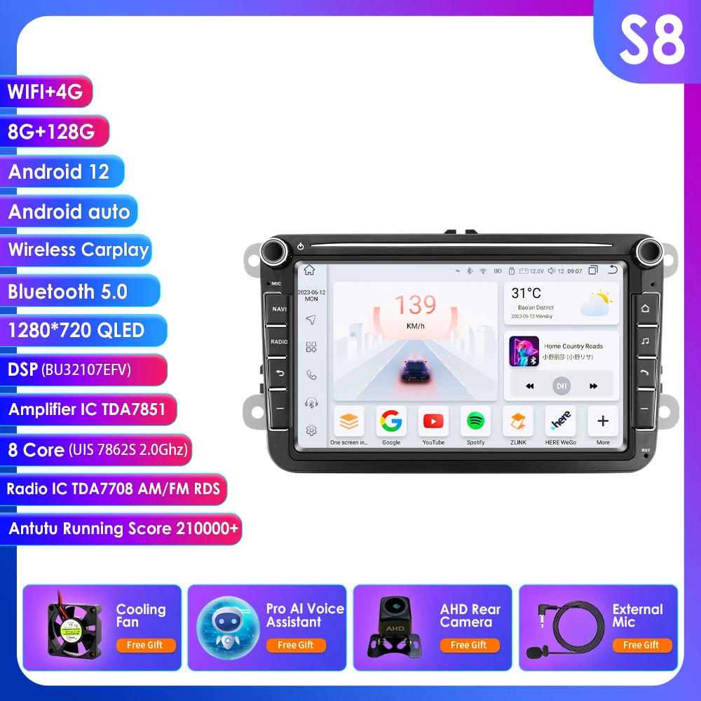 Hizpo 2Din 8'' Carplay 4G AI Systems Android 14 Car Radio forVolkswagen Golf 5 6 Polo Passat B6 B7 CC Skoda Jetta  Autoradio