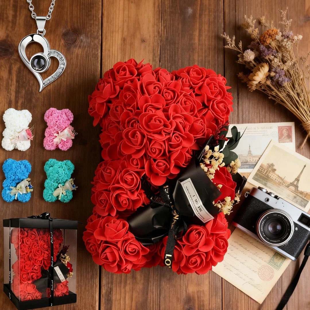 Valentines Gifts for Women,Rose Bear Birthday Mother's Day Valentine's Gifts for Her, Rose Teddy Bear with I Love You Necklace