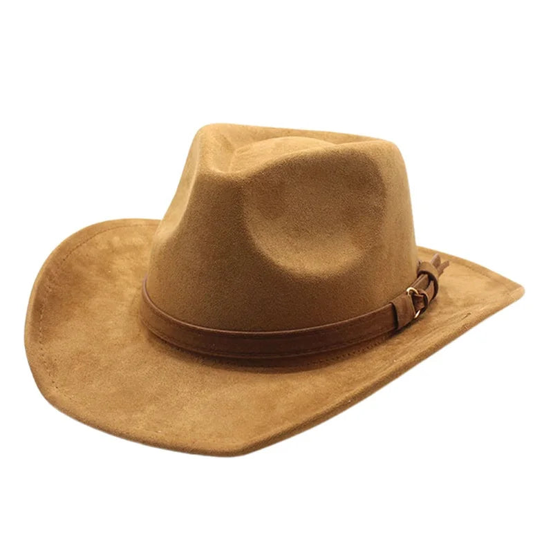 Women Men Felt Cowgirl Cowboy Hat Unisex Vintage Retro Soft Wide Brim Chamois Western Hat with Belt for Party