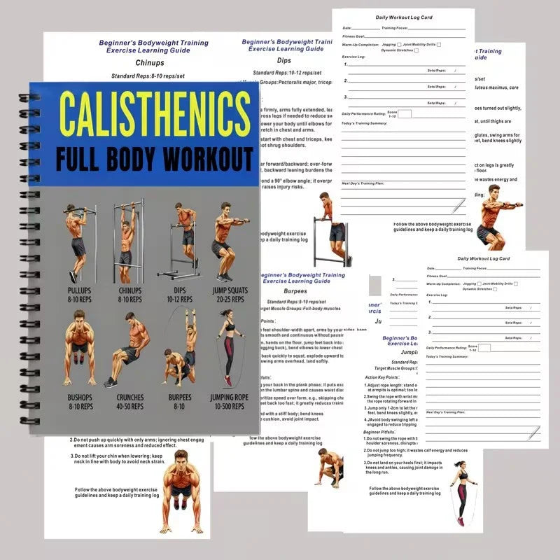 Calisthenics Full Body Workout Beginner's Bodyweight Training Exercise Learing Guide Book Daily Workout Log Card