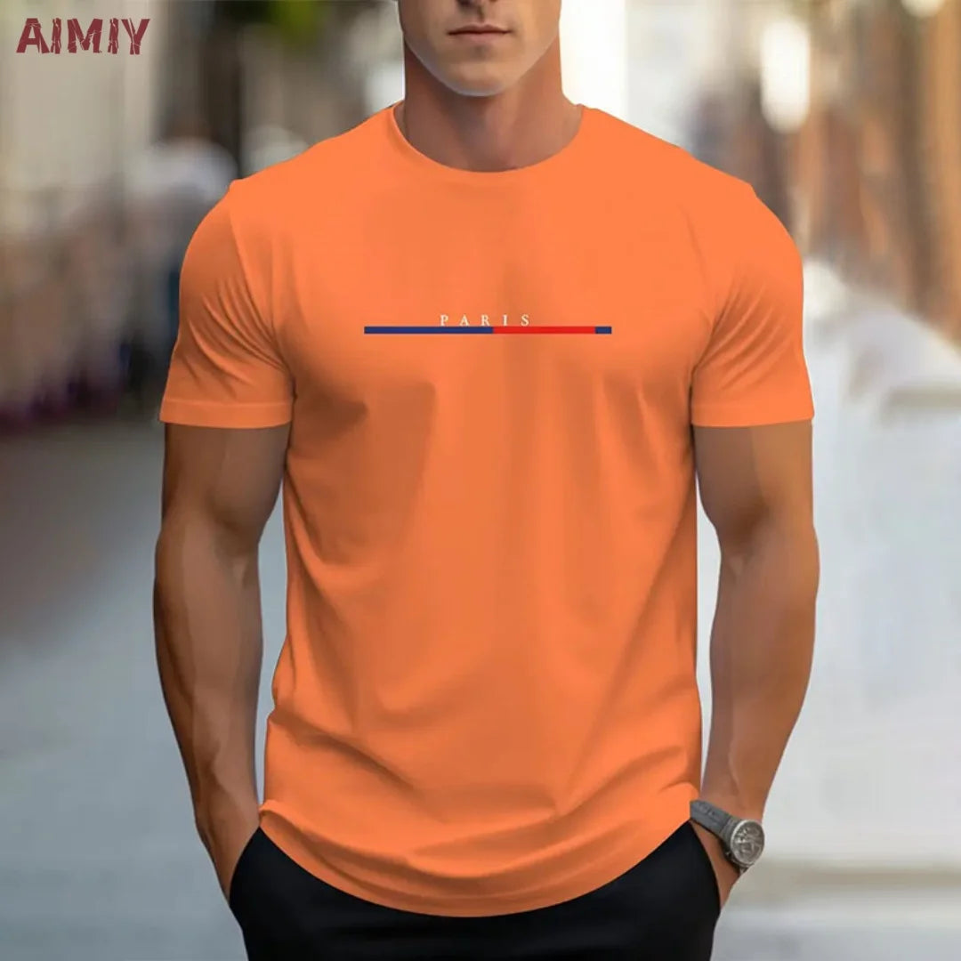 Summer Men's T-shirt Top Casual Loose Fit Oversized T-shirt PARI Letter Pattern Printed Round Neck Short Sleeved Homme Vêtement - Free Item.