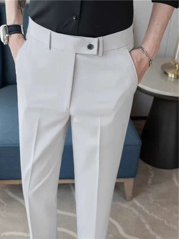 Summer Thin Men's White Casual Khakis 2025 New Nine-Piece Pants Side Button Busin Trendy Straight Leg Trousers for Young Men