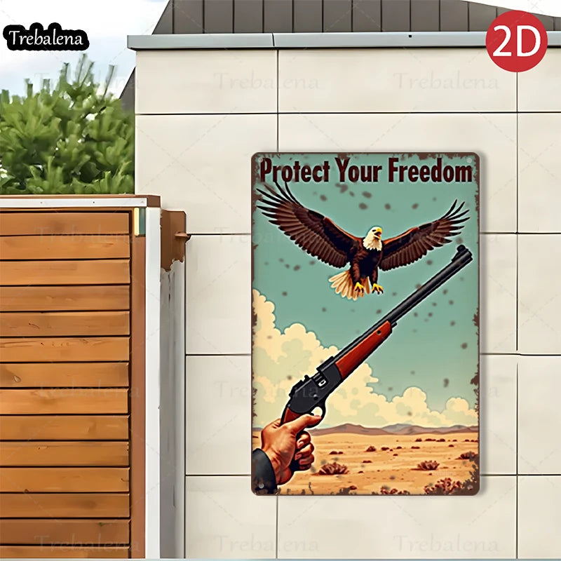 1PC 2D Flat 8*12inch Metal Sign Eagle and Rifle Desert Freedom Art Tin Sign