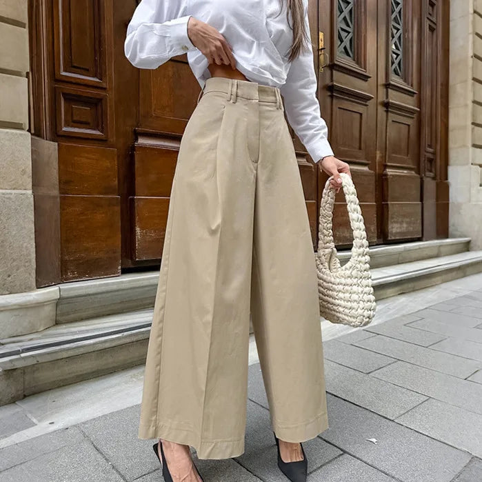 Commuting Fashion Pleated Khaki Casual Trousers for Women in Autumn 2025, with A Design Sense of Nine Inch Wide Leg Pants