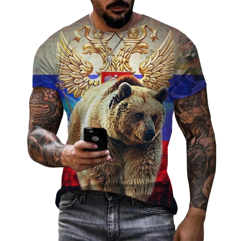 Russia Flag Pattern T Shirt For Men National Emblem 3D Printed T-Shirts Summer Casual Round Neck Tees Loose Short Sleeve Tops