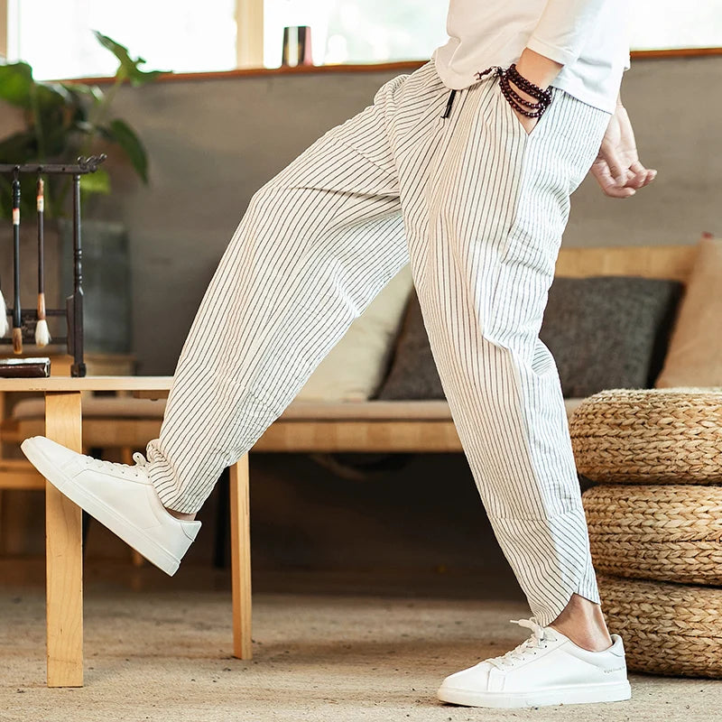 Chinese Style Striped Harem Pants Mens Breathable Cotton Linen Wide Leg Pants Bifurcation Casual Bloomers Fashion Trousers