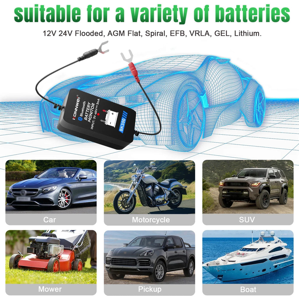 KONNWEI BK300 Lead Acid Starting Car Battery Detector 12V 24V Capacity Resistance Bluetooth 5.2 Automotive Battery Monitor Tool