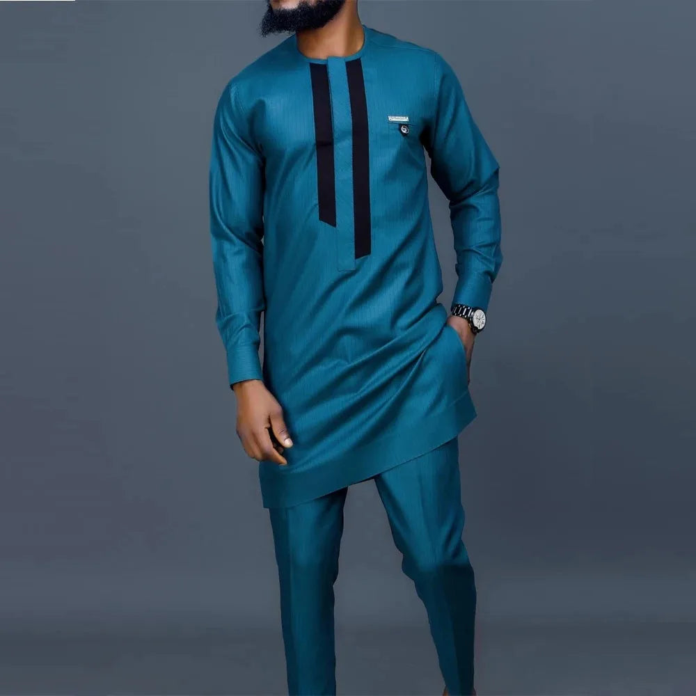 Kaftan Men's Suit African Ethnic Style Long Sleeve Solid Color Casual Suit Men's Traditional Clothing 2-piece Suit