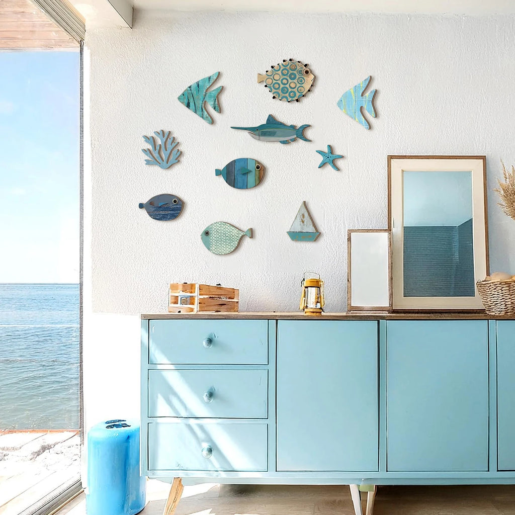 Handcrafted Wooden Ocean Wall Decor - Fish, Coral, Starfish & Sailboat Set for Home/Bathroom, Coastal Style Art