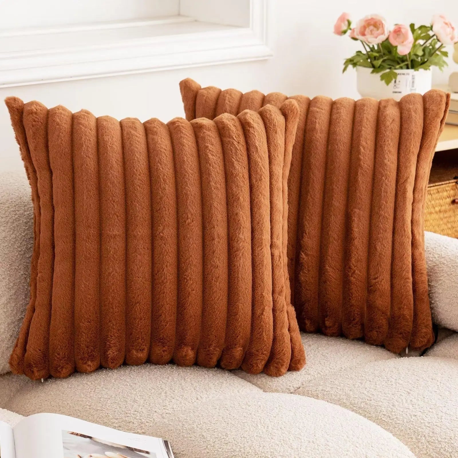 Faux Rabbit Fur Square Cushion Cover Big Thick Striped Super Soft Solid Color Pillow Cover 24×24inch Sofa Decor Cushion Covers