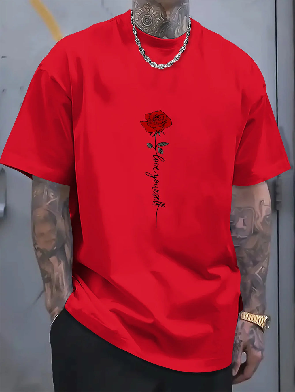 Men's summer 100 cotton fashionable casual sports loose red rose pattern printed round neck short sleeved T-shirt top