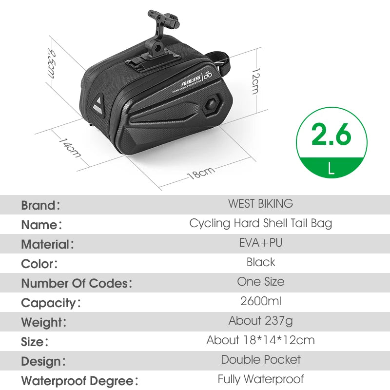WEST BIKING Bicycle Tail Bag 2.6L Capacity Reflective Cycling Saddle Bag Waterproof Hard Shell Pouch MTB Road Bike Accessories