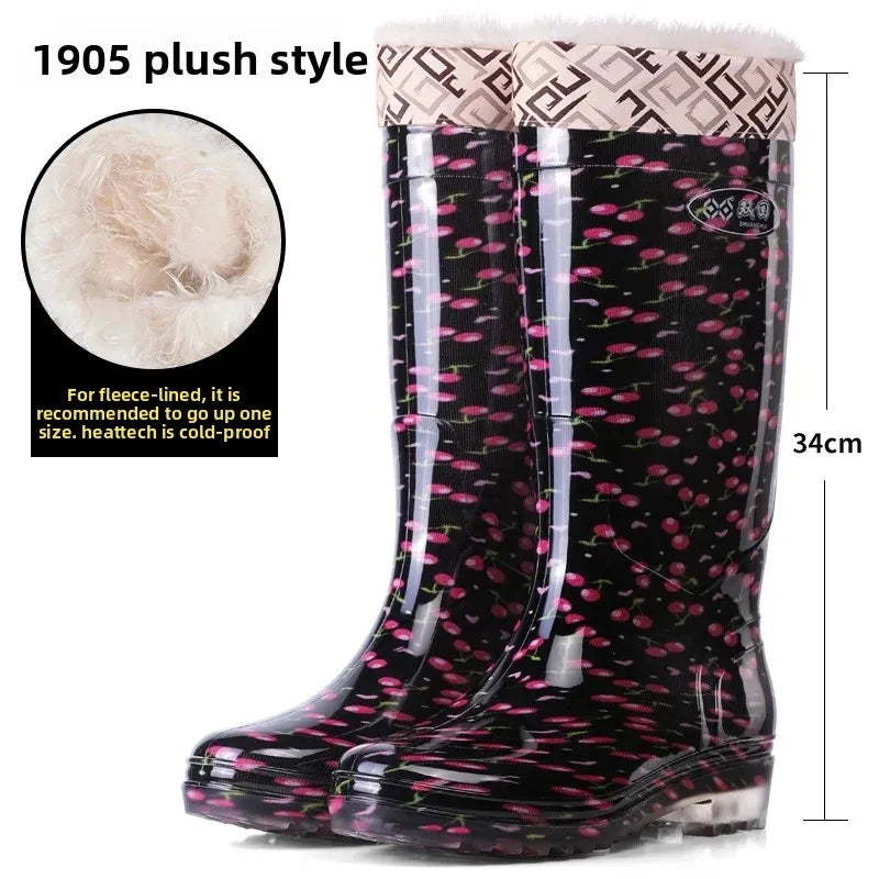 Anti-Slip High-Tube Crystal Flower Ladies Rain Boots PVC Material Kitchen Dining Hall Cleaning Fashionable Water Shoes