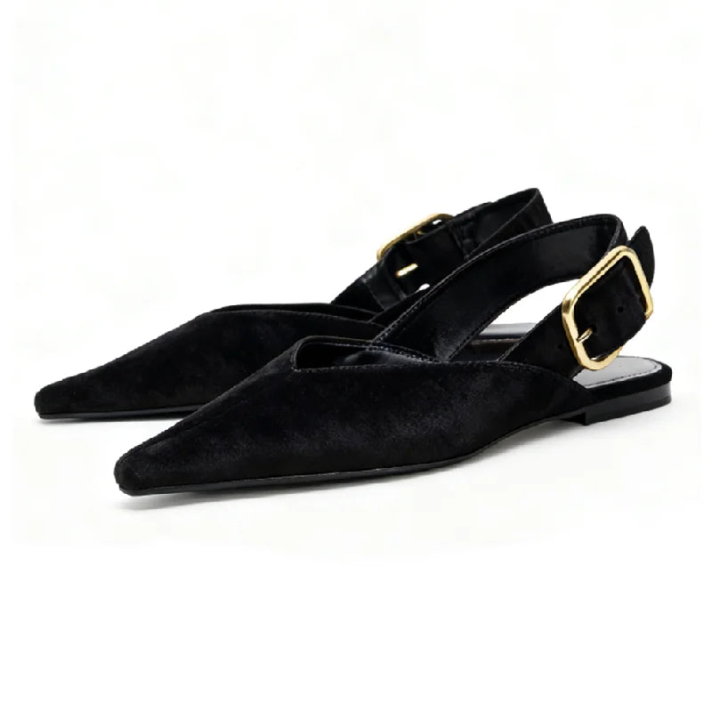 Fashion Back Strap Metal Buckle Flat Pumps Women Retro Brown Faux Suede Pointed Toe Slingback Loafers Comfortable Women Shoes