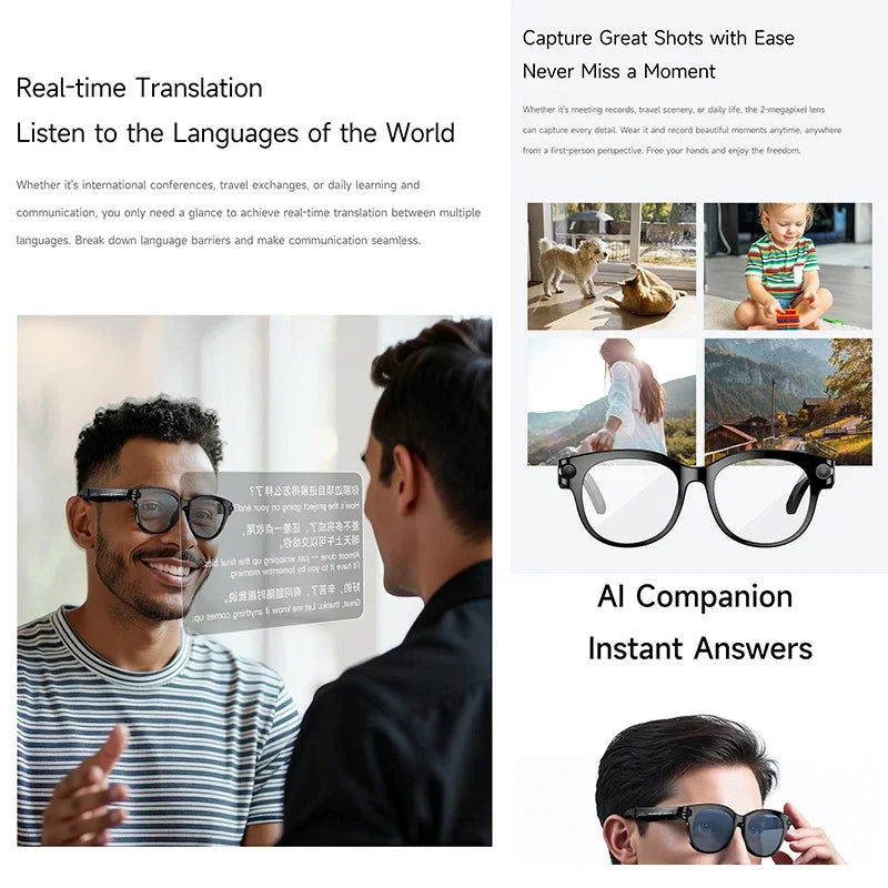 AI smart glasses for first person photography, video shooting, intelligent image recognition, object recognition, language trans