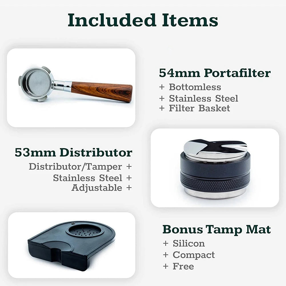 Coffee 54mm Bottomless Portafilter + 53mm Coffee Distributor & Tamper + Tamp Mat for the _x000D_
 Breville Barista Express