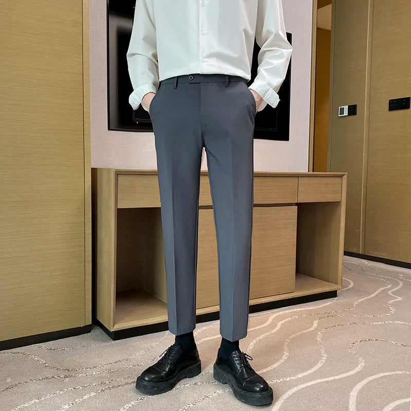 Summer Thin Men's White Casual Khakis 2025 New Nine-Piece Pants Side Button Busin Trendy Straight Leg Trousers for Young Men