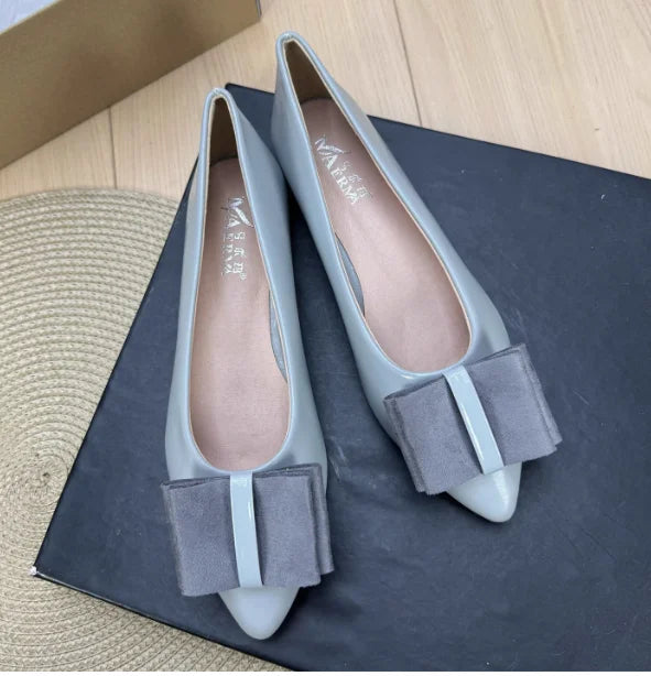 Women Shiny Leather Pointy Tip Slip-On Orange Green Flat Shoes Leathers Low Top Chaussures Bow 34 48 Skinny Shoes For Slim Feet