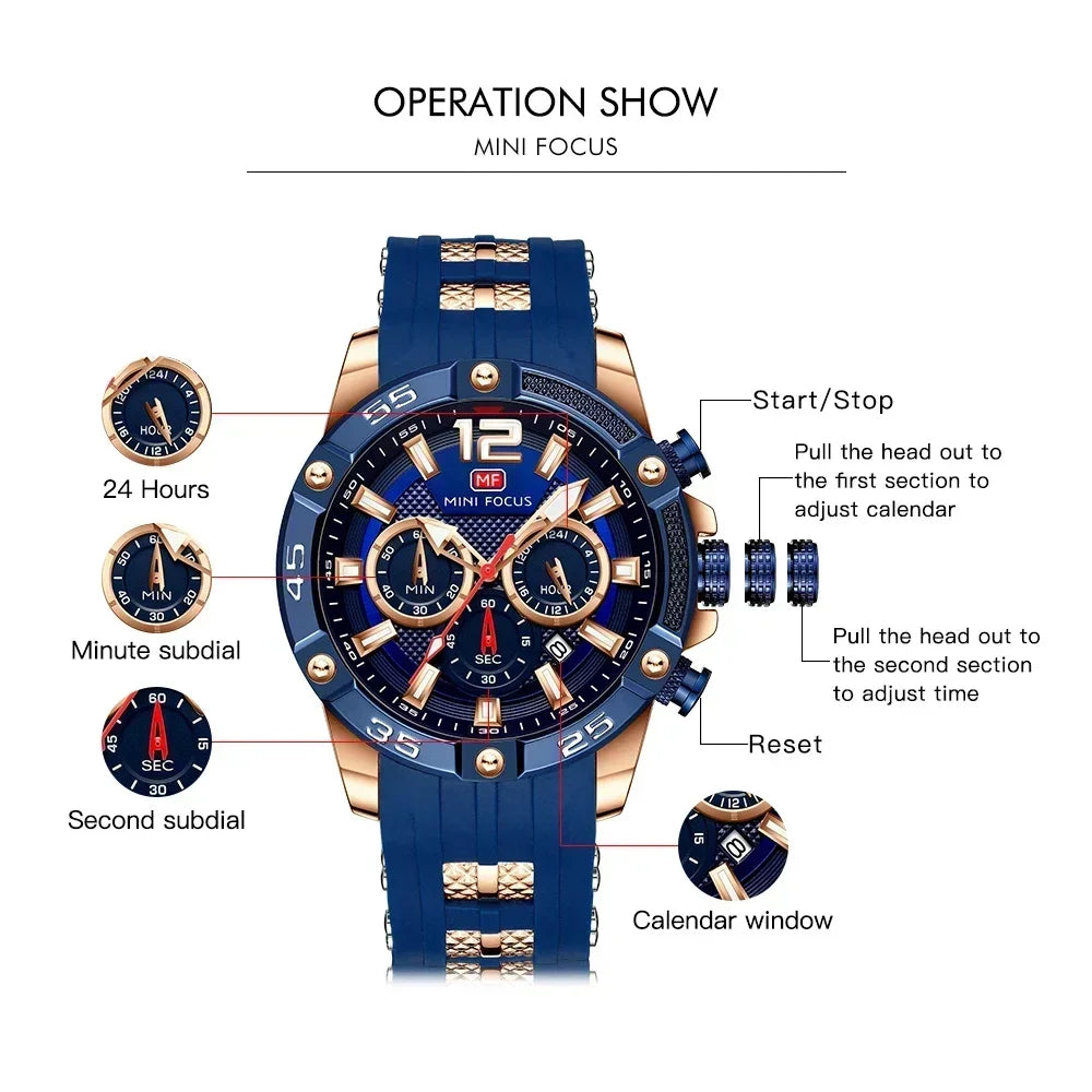 MINI FOCUS Mens Silicone Waterproof Date Fashion WristWatch Relogio Masculino Watch Luxury Analog Quartz Sport Men Watches 0349G