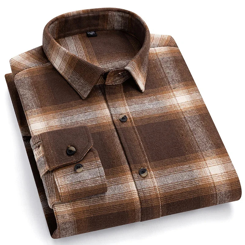 New Spring Fashion Flannel Long Sleeve Shirts For Men Plaid Plus Size Cotton Warm Soft Clothing Business Chic Smart Dress Shirts