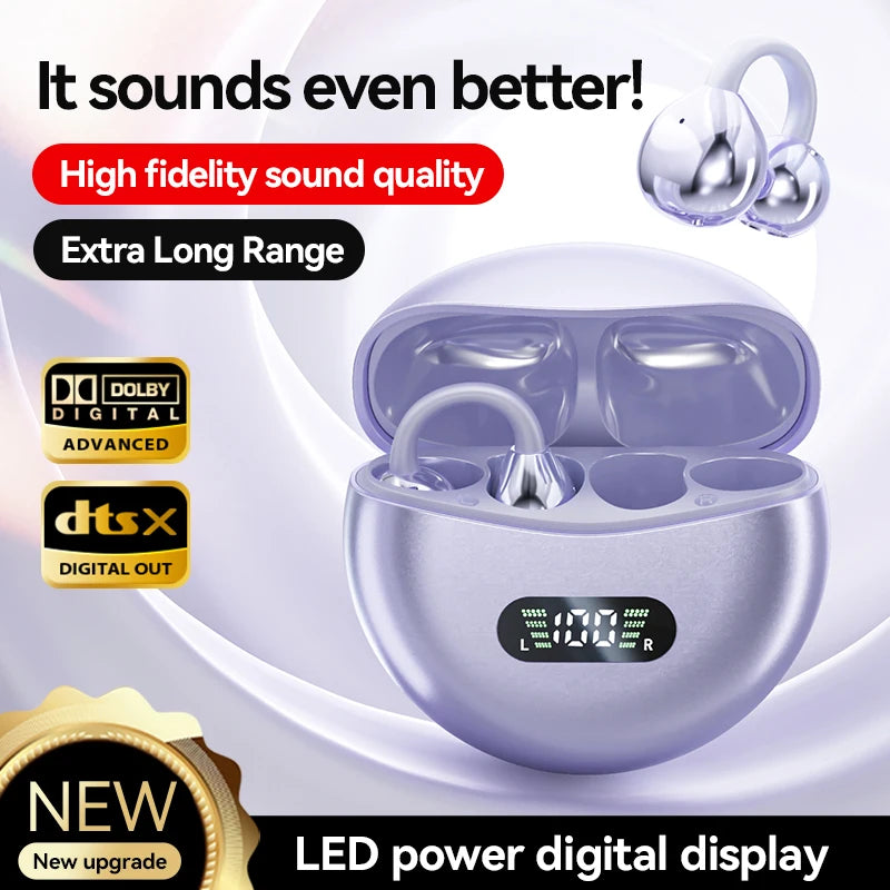 Wireless Bone Conduction HIFI Bluetooth 5.4 Earbuds Clip On Ear With Mic Digital Display Waterproof Sport Headsets 2025