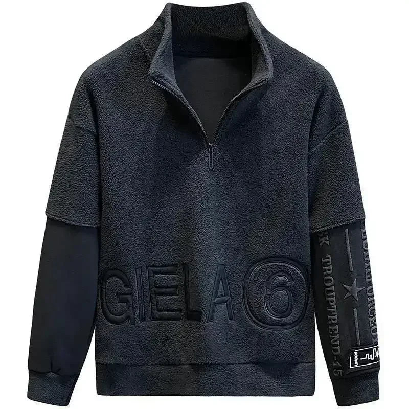 Male Clothes Fleeced Pullover Sweatshirt For Men Half Zip Embroidered Hoodieless Top 2025 New In Low Price Offers Sweat Shirt