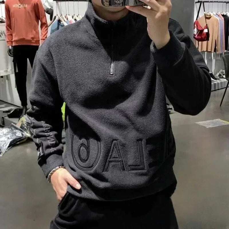 Male Clothes Fleeced Pullover Sweatshirt For Men Half Zip Embroidered Hoodieless Top 2025 New In Low Price Offers Sweat Shirt