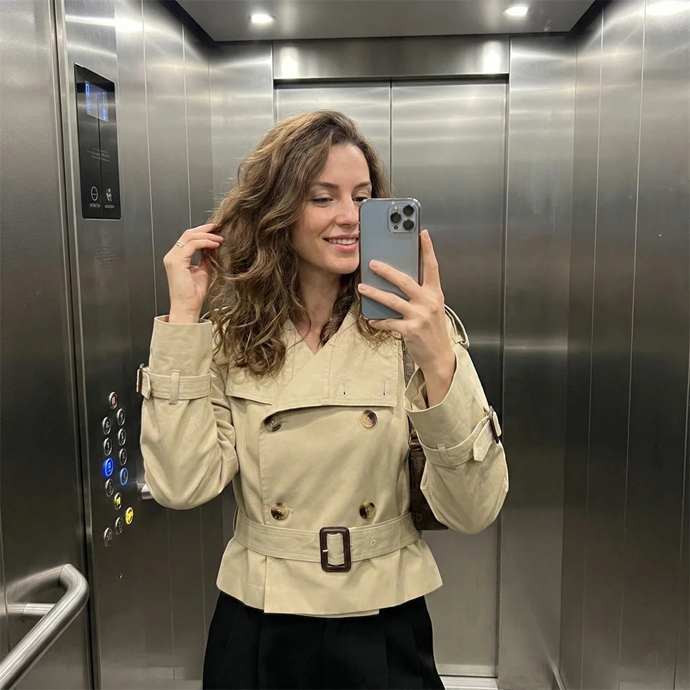 Khaki Short Style Fashionable Casual Design Spring Autumn Women's Windbreaker Coat Street Trend Street Style Double Breasted - 50% off.