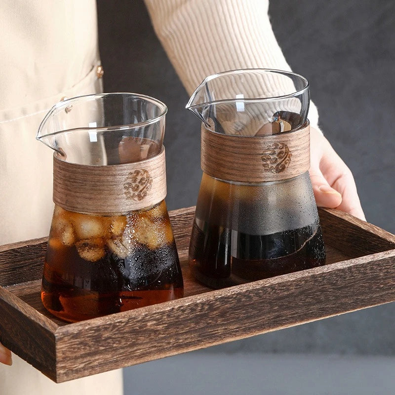 2pcs Set Coffee Carafe,Glass Coffee Server Carafe Pot, Pour Over Coffee Maker Decanter Pitcher with Heat-Resistant Wood Ring 
