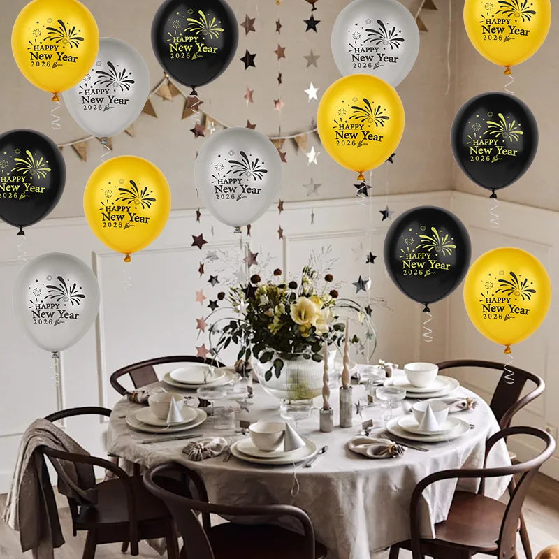 15Pcs Gold Black Happy New Year 2026 Latex Balloons For New Year Eve Party Decoration Favors 12Inch Christmas Balloon Supplies