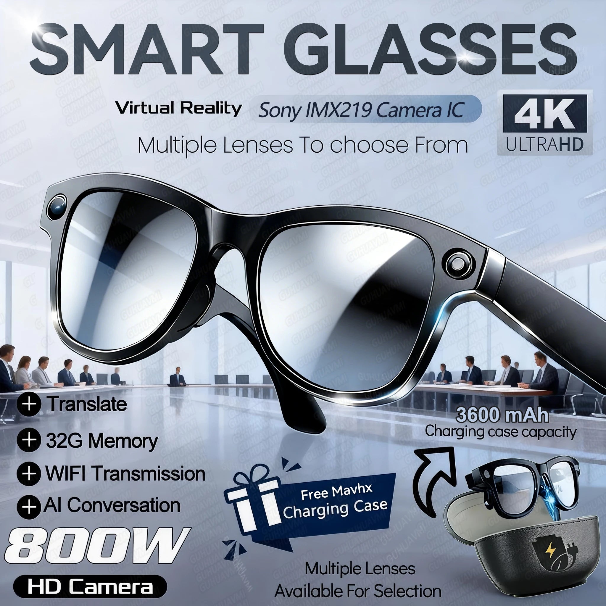 New 800W 4k HD Camera Smart Glasses Men 3600mAh Power Bank 100+ Languages Translation Recording Videos Music Player Call Glasses