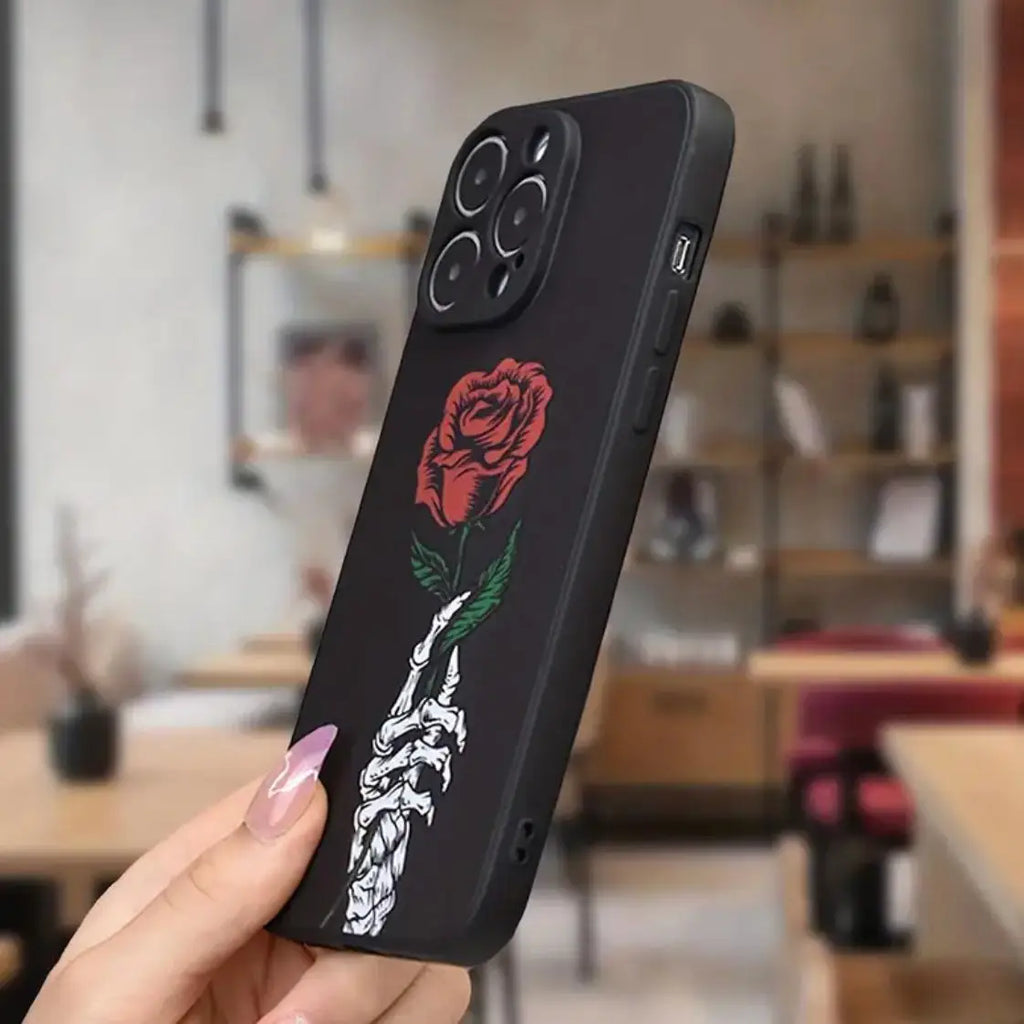 for IPhone 16 Pro Max 15 Pro 14Plus 13 12 Rose & Skeleton Pattern Phone Case Wear-resistant Anti-fall Decorative Compatible with