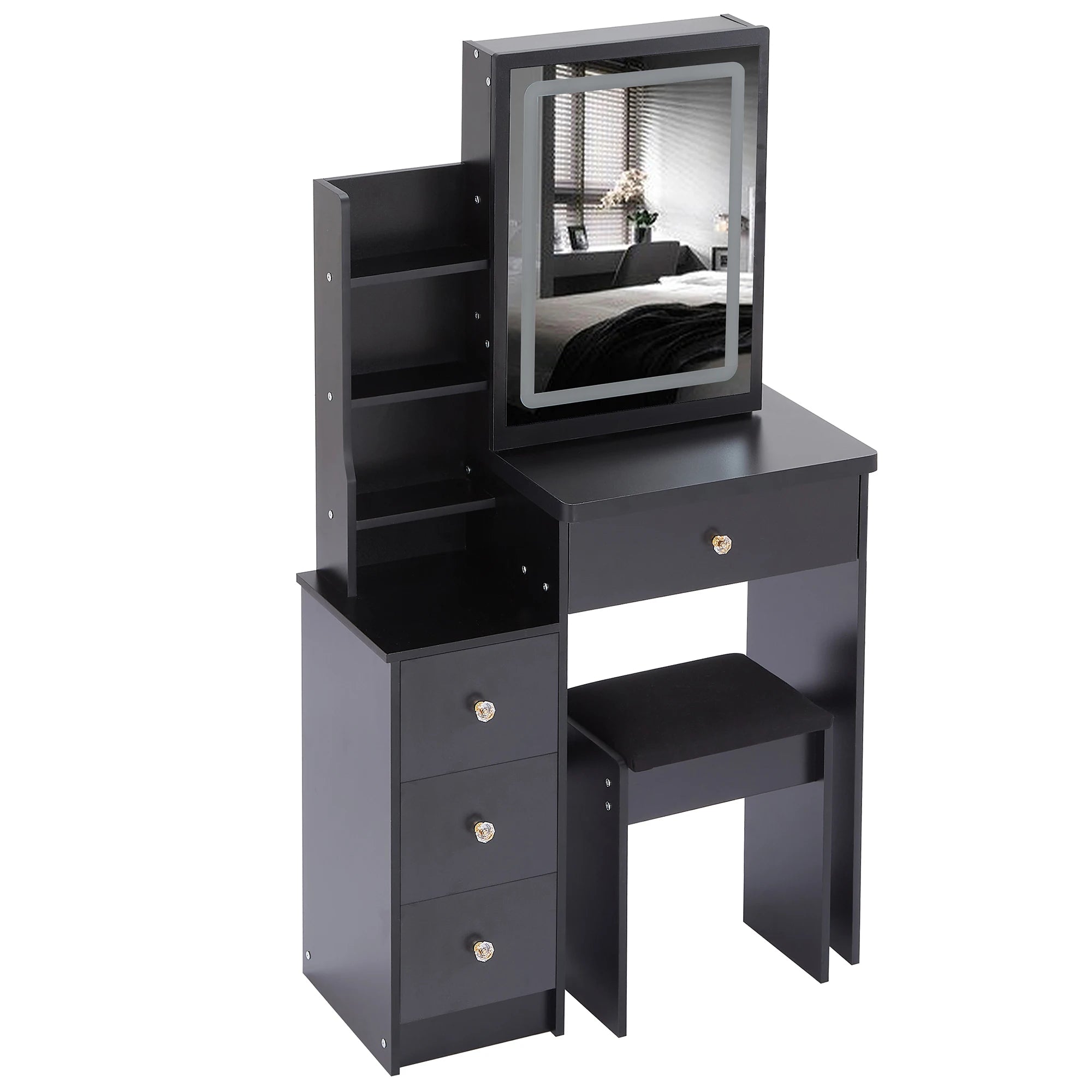 Cabinet Vanity Table Cushioned Stool Touch Control Sliding LED Mirror Tri-color Switching Brightness Adjust Multi Layer
