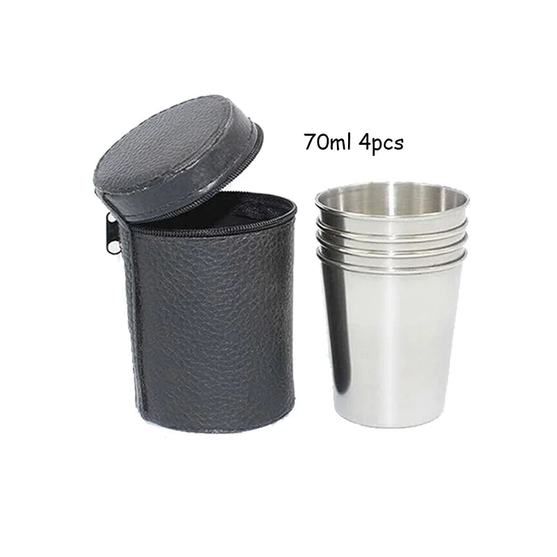 Outdoor camping -4-piece set of stainless steel mini whiskey glasses, portable black leather bag, 30ml/70ml/160ml