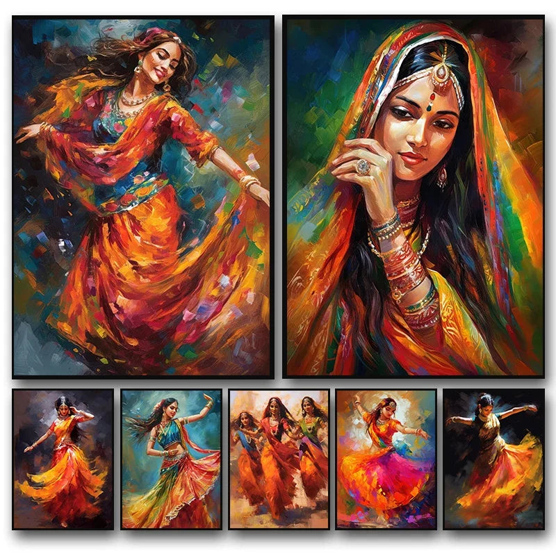 Indian Woman Dance Poster Vintage Traditional Beautiful Indian Woman Art Canvas Painting Wall Print Picture Room Home Decor - Free Item.