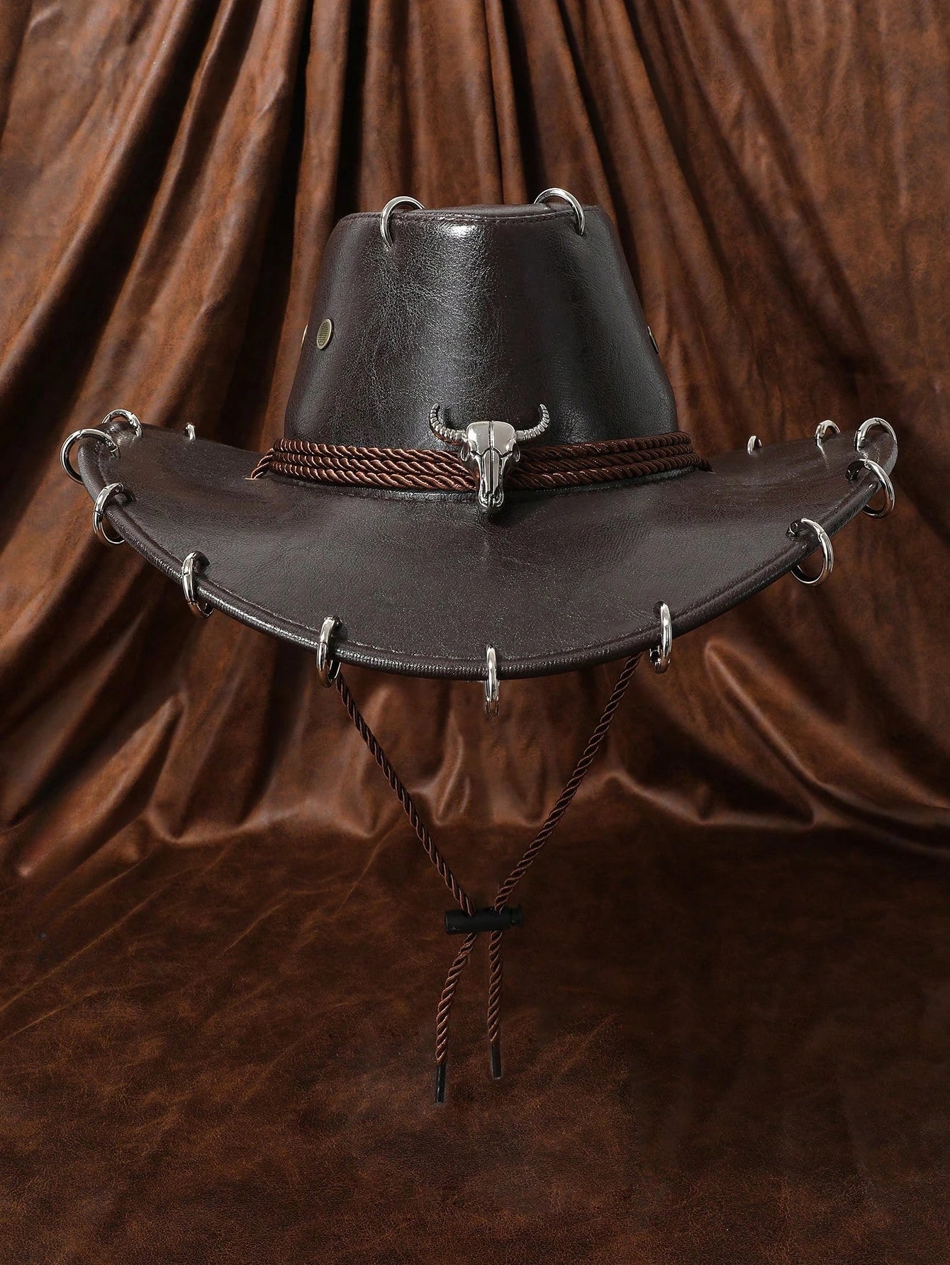 HongLuan Black Cowboy Adjustable Hat PU Leather for Man Travel Western Fashion Cowgirl with Bullhead Badge Outdoor Hats Woman