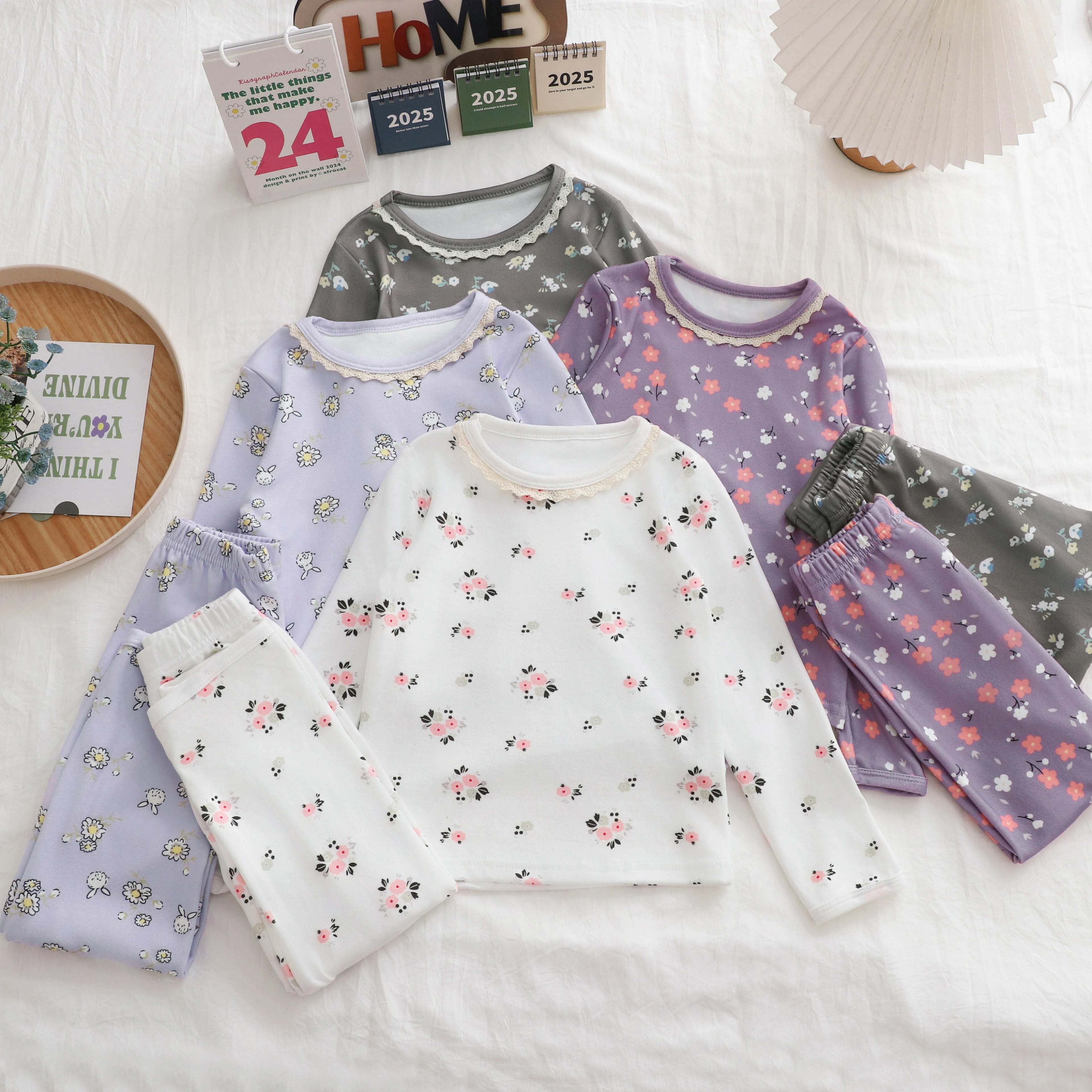 De Rong Thermal Autumn Clothing Set for Girls, Floral Loungewear, Long-Sleeved Top and Long Pants Set, Pajamas, New Spring and Autumn Two-Piece Trendy Set
