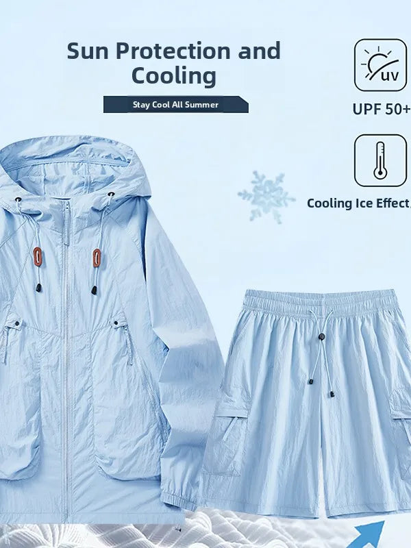 Men's Summer Thin Breathable Hat Sun Protection Suit Outdoor Fishing Climbing Function Couple Set Long Sleeve Short Pants