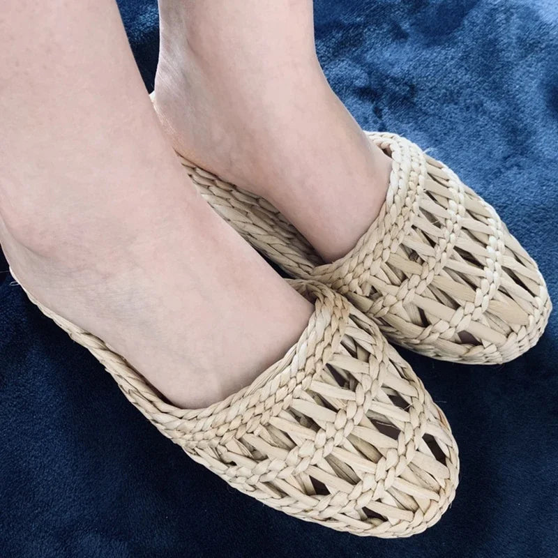 Unisex Hemp Slides Cut-Outs Grass Weaving Shoes Round Toe Novetly Hand-Made Massage Slippers Straw Natural Beige Wide Feet 44-3