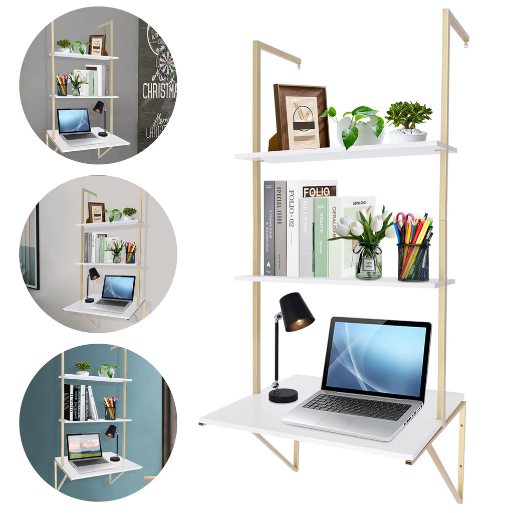 CNCEST 3 Tier Standing Desks Ladder Desk Wall Mounted Shelf Floating Shelves Bookshelf Decorative Hanging Display