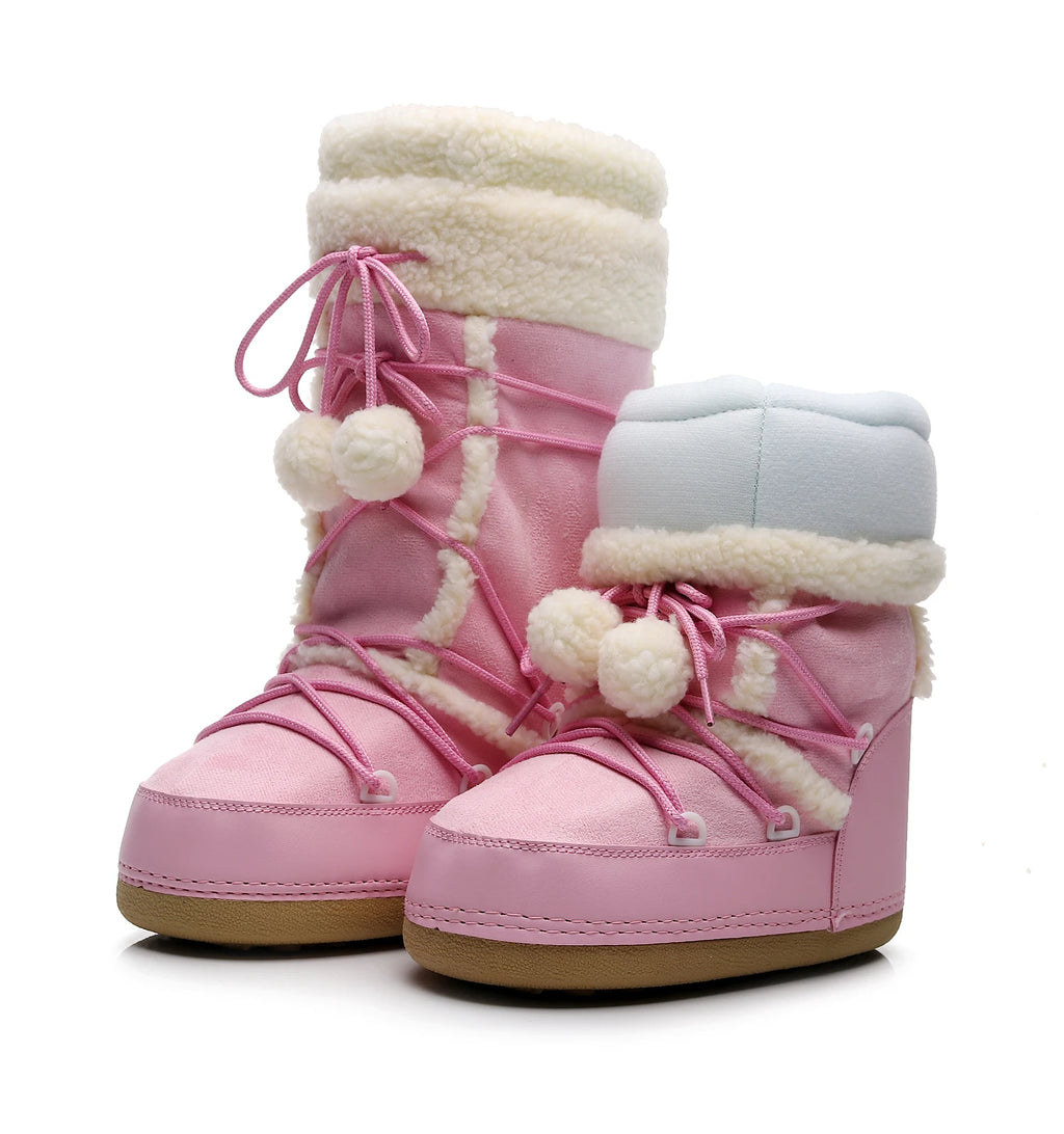 Winter Women Snow Boots Warm Plush Comfortable Platform Shoes Lady Lace-up Mid-Calf Pink Boots Non-slip Platform Shoes Booties