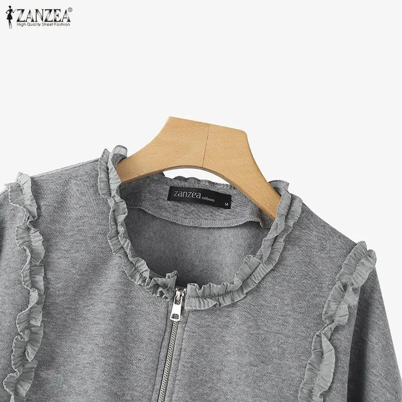 ZANZEA Casual Loose Lantern Sleeves Sweatshirts Women's Fashion Ruffled Trim O-Neck Zip-Up Hoodies Solid Color Woman Clothes 3XL