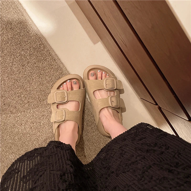 Smile Women Slippers Retro Trend With Buckle Slippers Summer Casual Women Shoes Comfortable Beach Slippers Round-headed Slippers