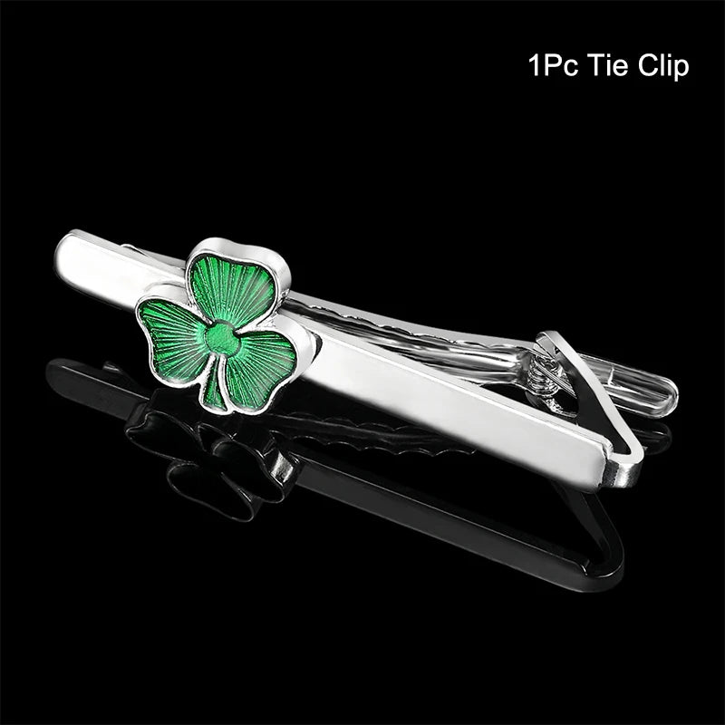 Fashion Enamel Four Leaf Clover Tie Clip Cufflinks Collar Studs Cuff Links Set Women Men Business Shirt Tie Jewelry Accessories