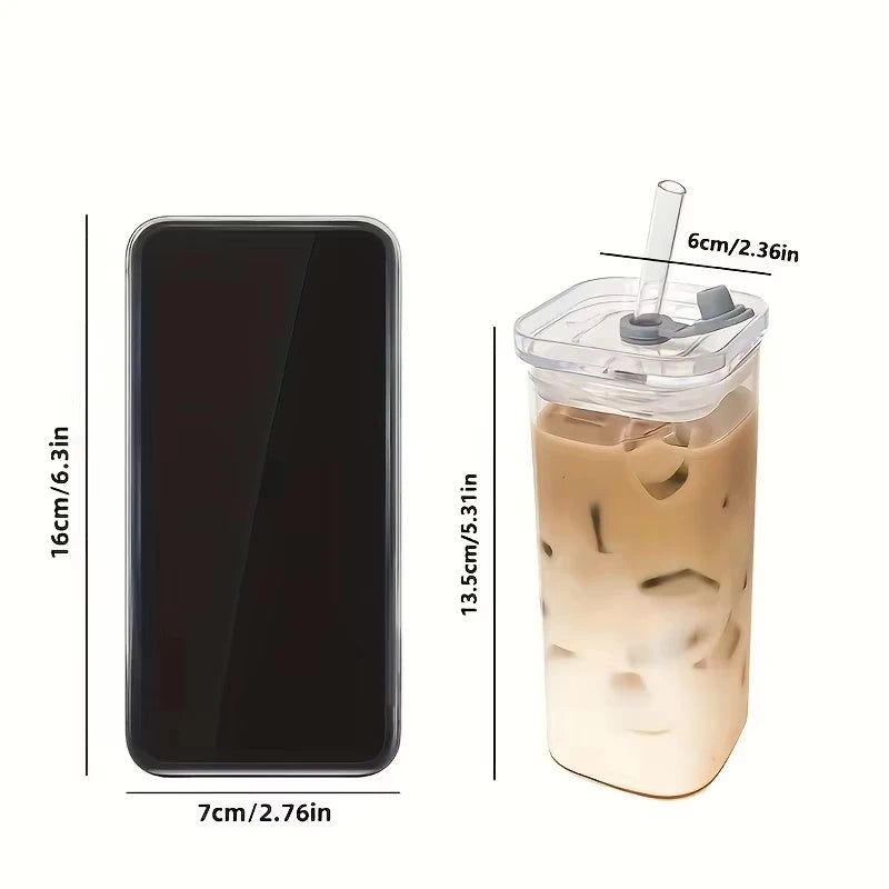 400ML Square Heat-Resistant Glass Coffee Cup with Lid and Straw, Transparent Milk Tea Juice Cup, Home Bar Drinkware