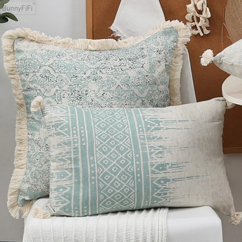 Green Cotton Linen With Cushion Cover 45x45cm/30x50cm Vintage Pillow Cover Tassles for home decoration Living Room Retro