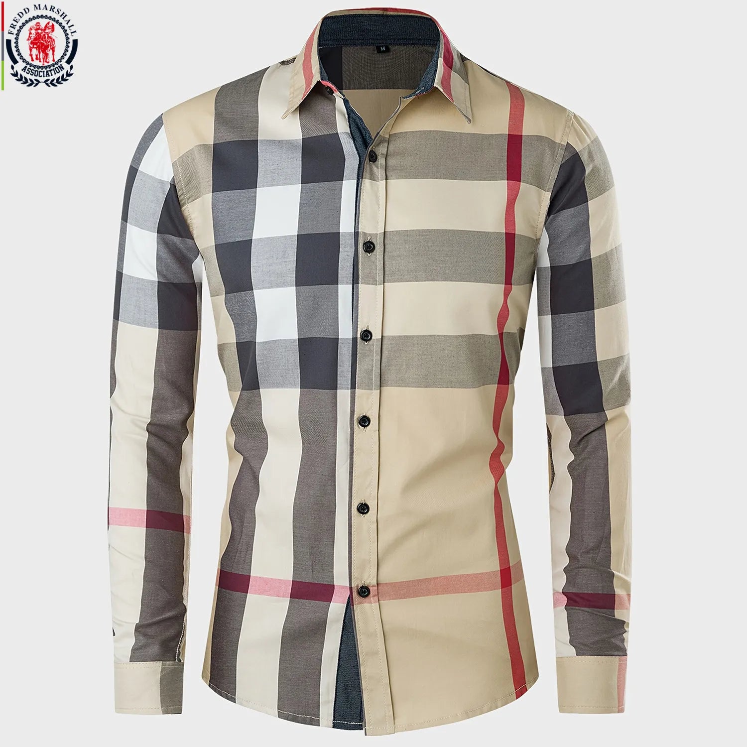 Fredd Marshall 2023 Summer New Fashion Contrast Plaid Shirt Long Sleeve Casual Business 100% Cotton Button Up Dress Shirts Tops