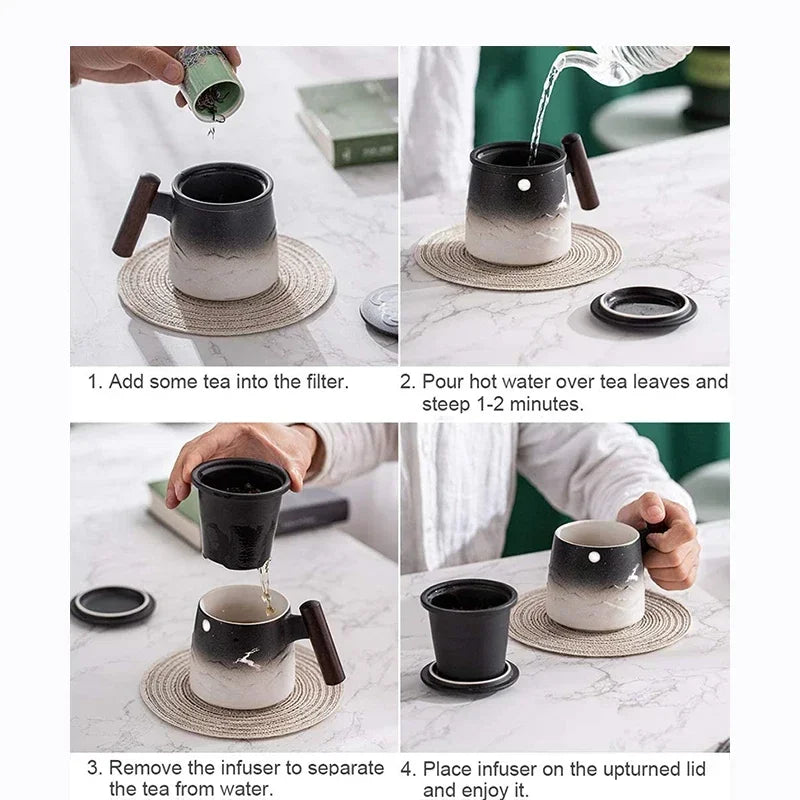 Creative Tea Cups and Mugs Ceramic Mug Thermal Coffee Cup Vintage Beer Water Cup Infuser Lid Wooden Handle Personalized Gifts
