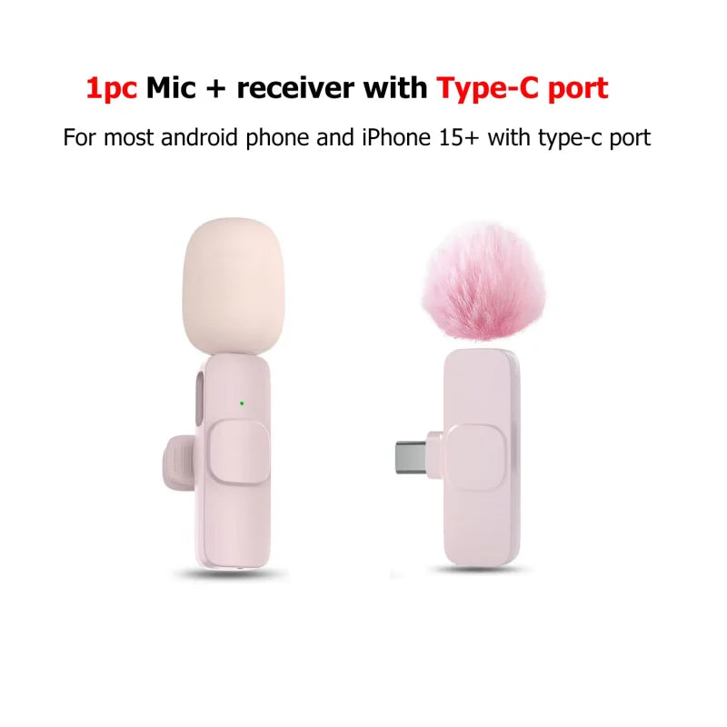 Pink &White K60 Wireless Lavalier Microphone Smartphone,Clip On Lapel Mic Plug-Play Microphone For Video Audio Recording